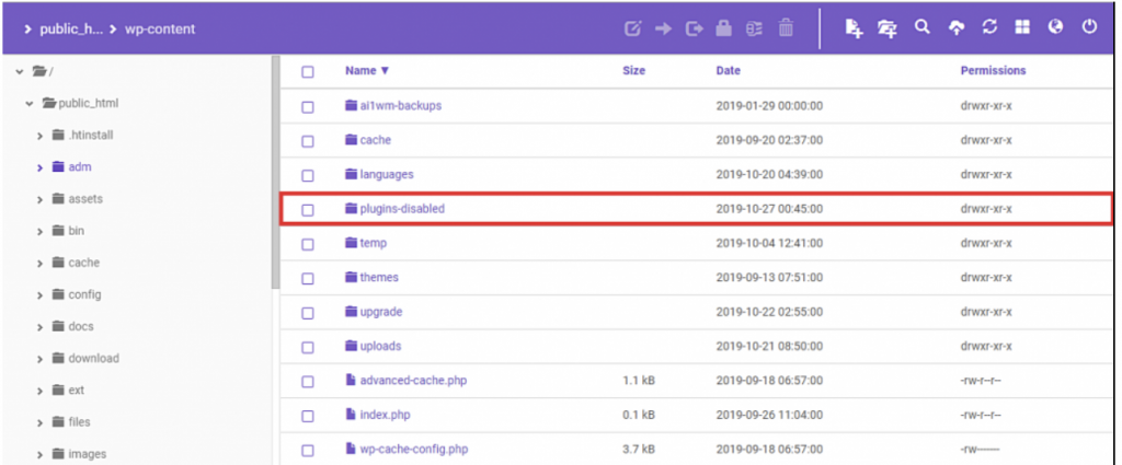 wp-content directory using an FTP or a File Manager - rename the plugins folder