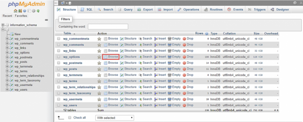 phpMyAdmin - Browse next to the wp_options table