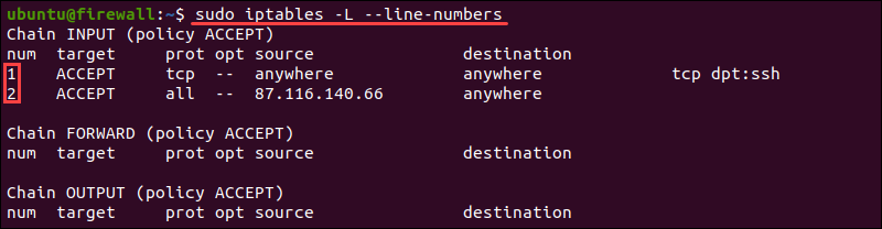 See line numbers of existing iptables rules.