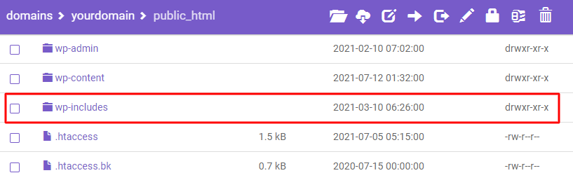 Screenshot of public-html directory showing where to find the wp-includes folder.