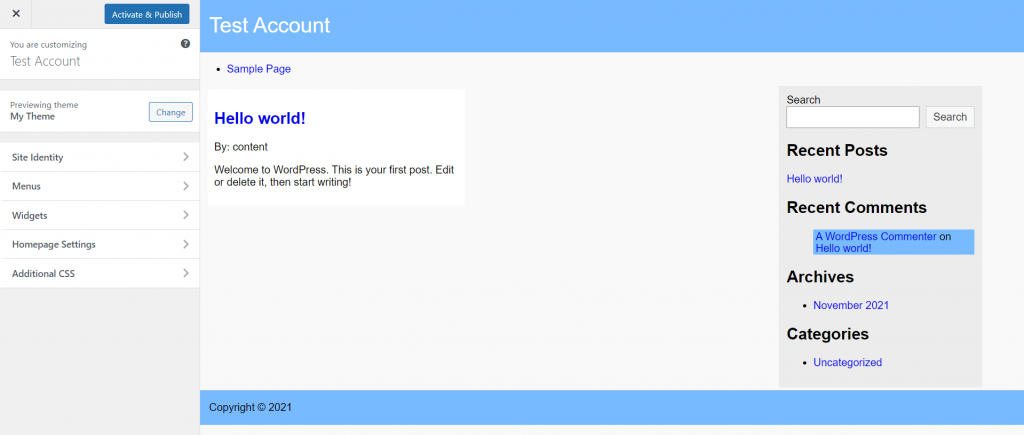 WordPress new custom theme customize menu