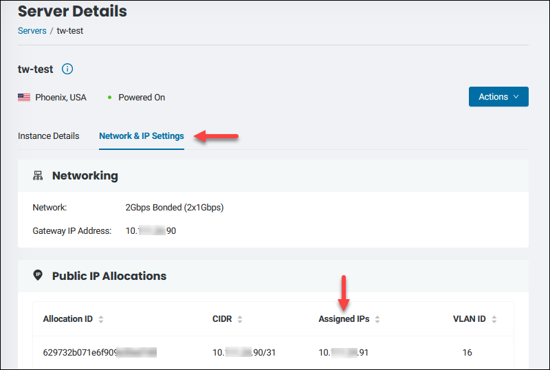 Assigned IPs in the server details section. 