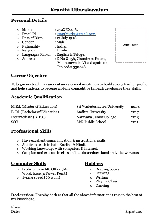 Fresher teacher resume formats