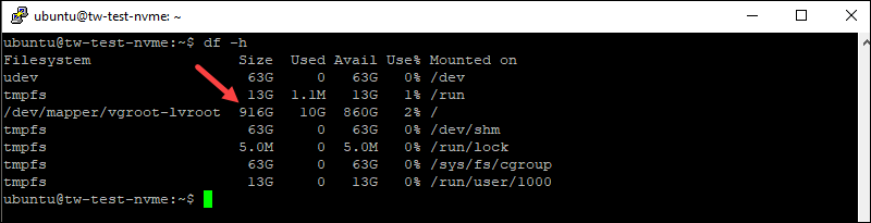 Df command in Linux to check available NVMe drive space.