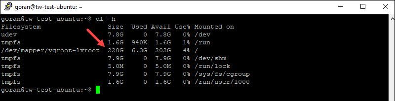Df command in Linux to check available SSD space.
