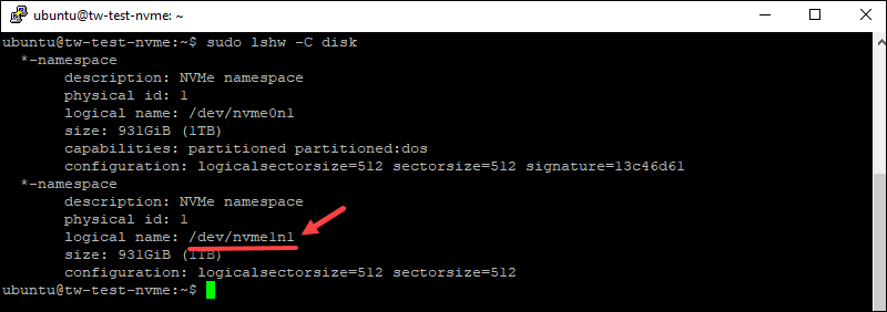 Checking NVMe drive path using the lshw command