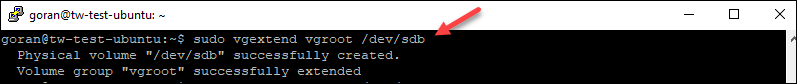 Volume extension  output in Ubuntu.