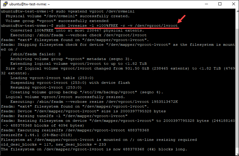Output when resizing a volume in Linux