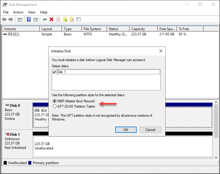 Windows Disk Management initialize disk