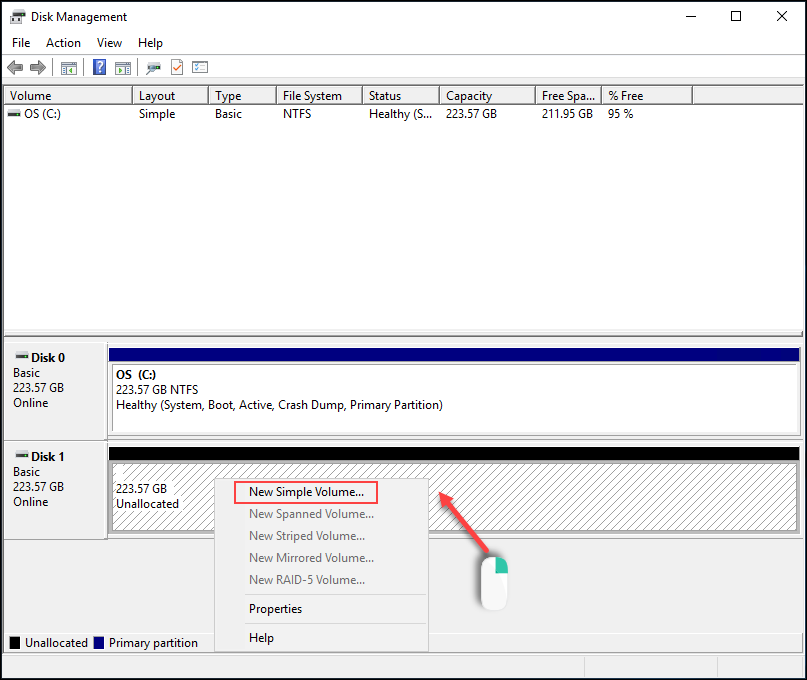Windows Disk Management initialize disk add new simple volume
