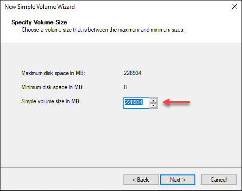 Windows Disk Management wizard volume size