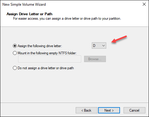 Windows Disk Management wizard drive path