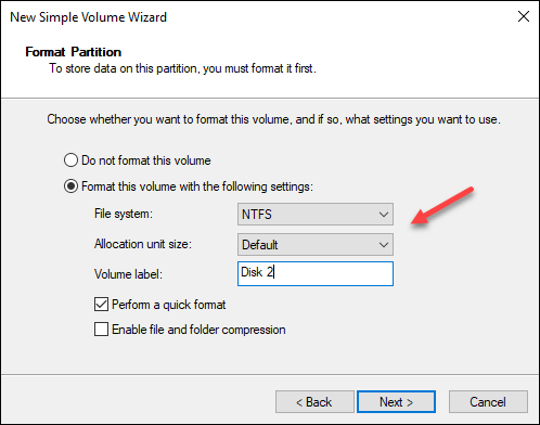 Windows Disk Management wizard format partition