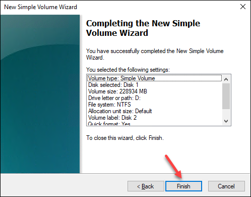 Windows Disk Management wizard review and finish