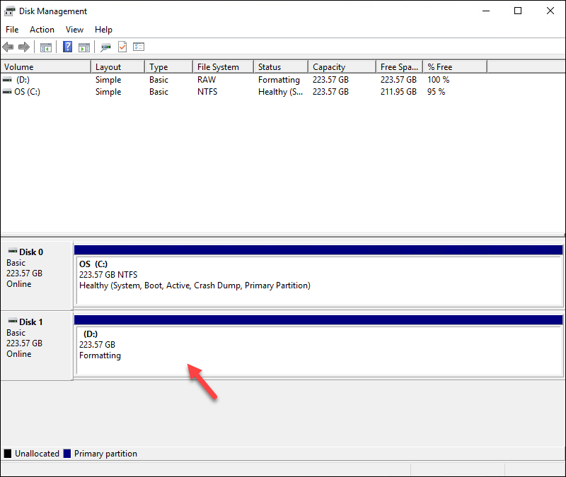 Windows Disk Management with volume created and formatting