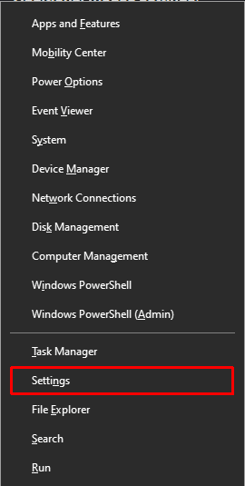 Press Windows + X and click on settings