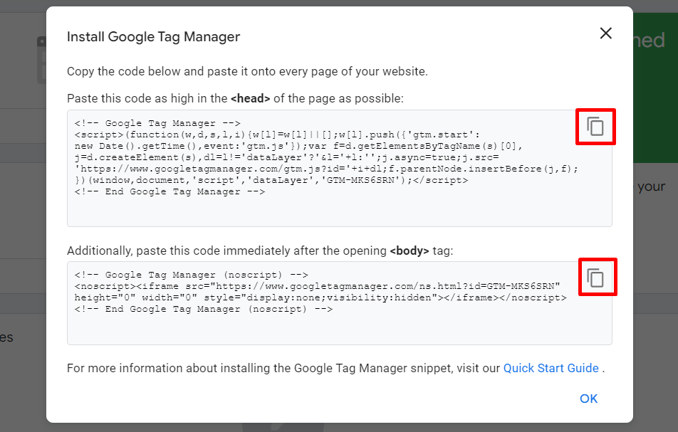 Copy and paste code snippets onto your WordPress website to enable Google Tag Manager
