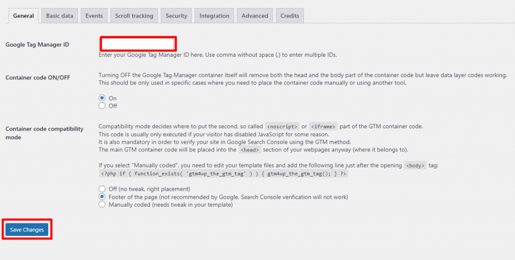 Enter your Google Tag Manager ID on GTM4WP's configuration menu