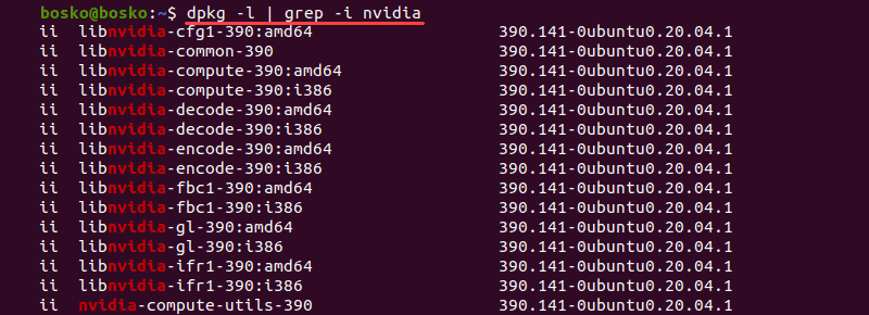 See installed Nvidia packages on Ubuntu 20.04.