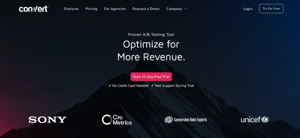 Homepage of the Convert A/B testing platform's website