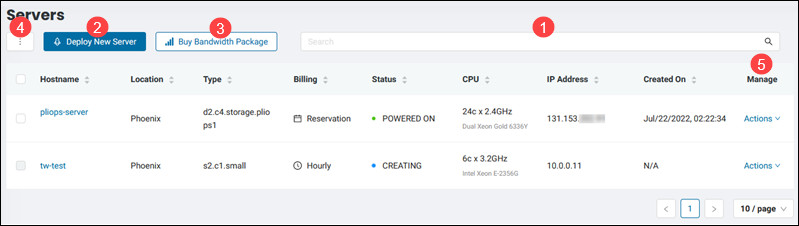 Server list page in the BMC portal