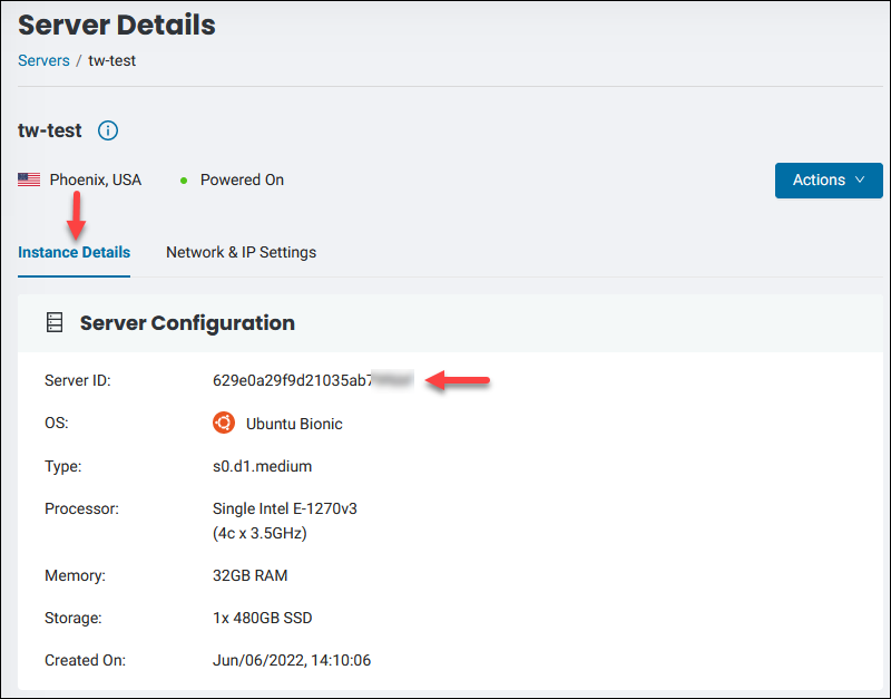 Server details page with server configuration section.