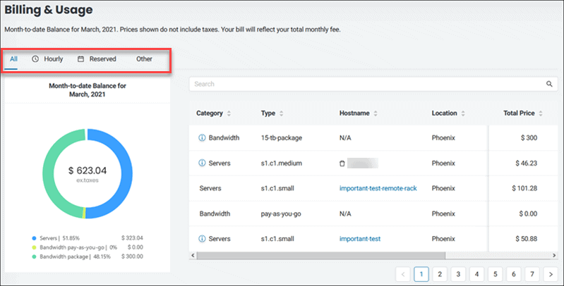 BMC portal billing and usage page. 