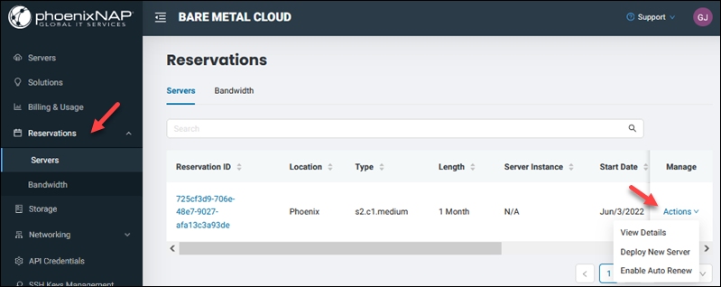 BMC reservations servers page actions menu