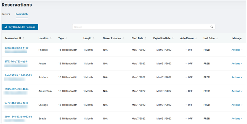 The list of bandwidth packages in the portal. 