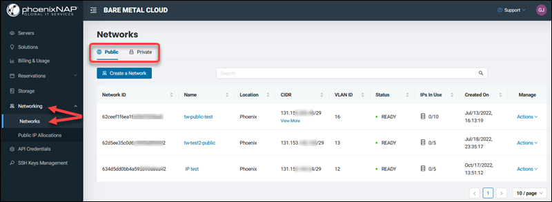 Networks page in the BMC portal.