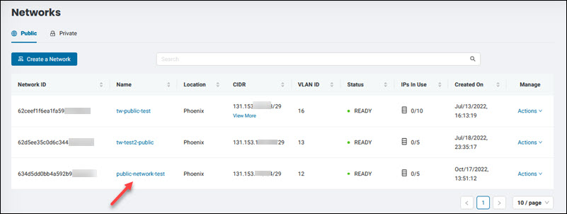 New network listed in the table. 