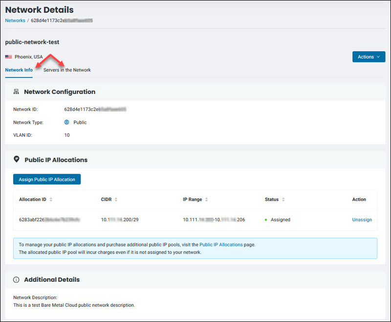 Network details page in the BMC portal.