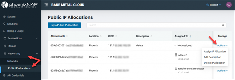 Public IP allocation section in BMC Portal