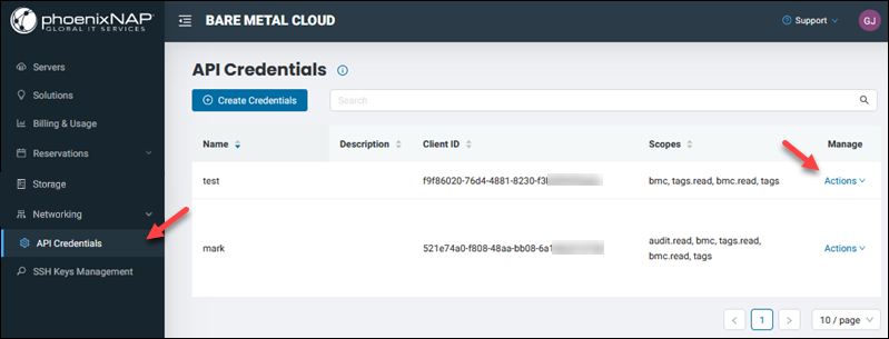 BMC API credentials page actions menu