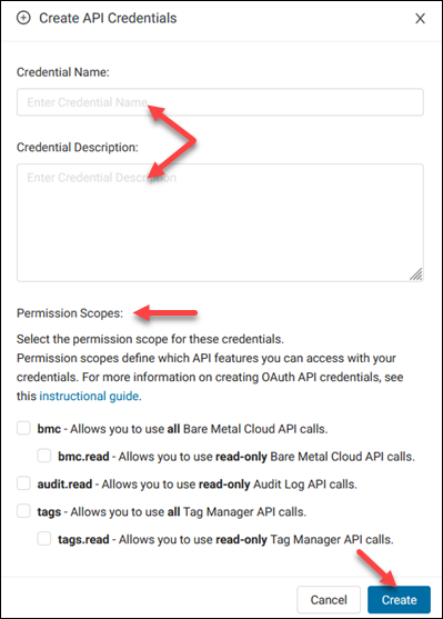 Create API credentials dialogue box.