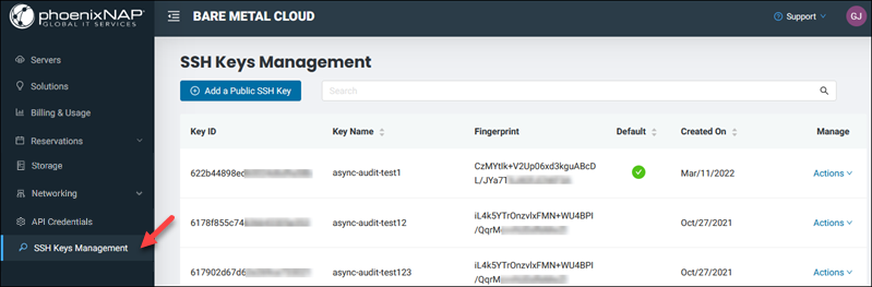 BMC portal SSH Keys Management page