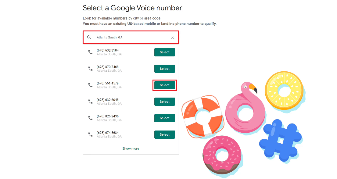 desired city name or area code - click on Select next to the desired number