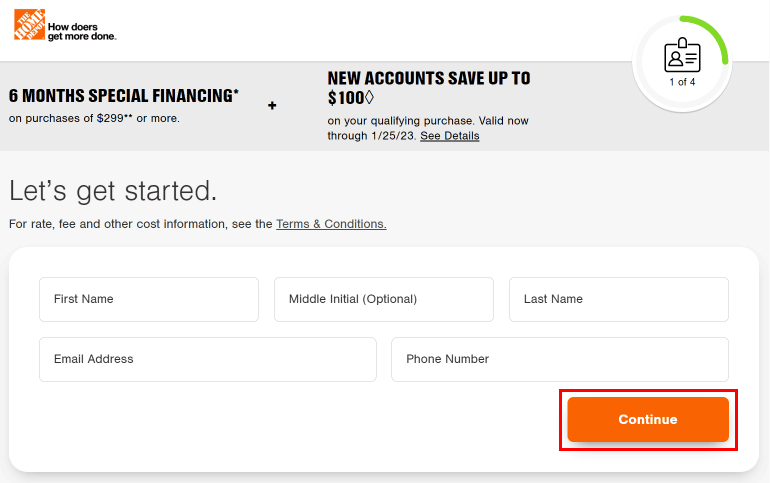 Enter your First name, Middle initial, Last name, email, and phone then click on the Continue button.