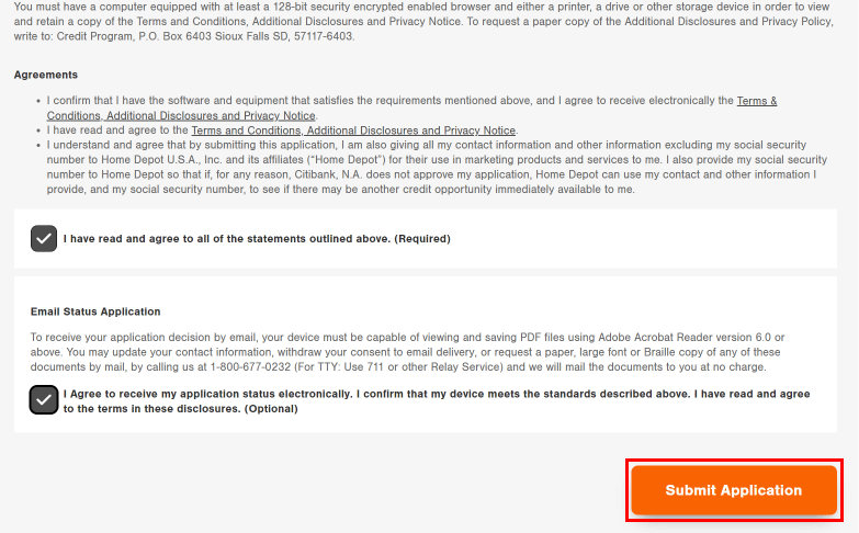 Check all the boxes to agree with the conditions and click on the Submit Application button to submit your application to get a home depot credit card online.