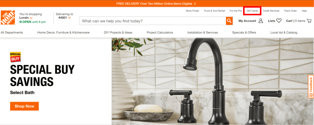 Once signed in, click on the Gift Cards option at the top right of the screen.