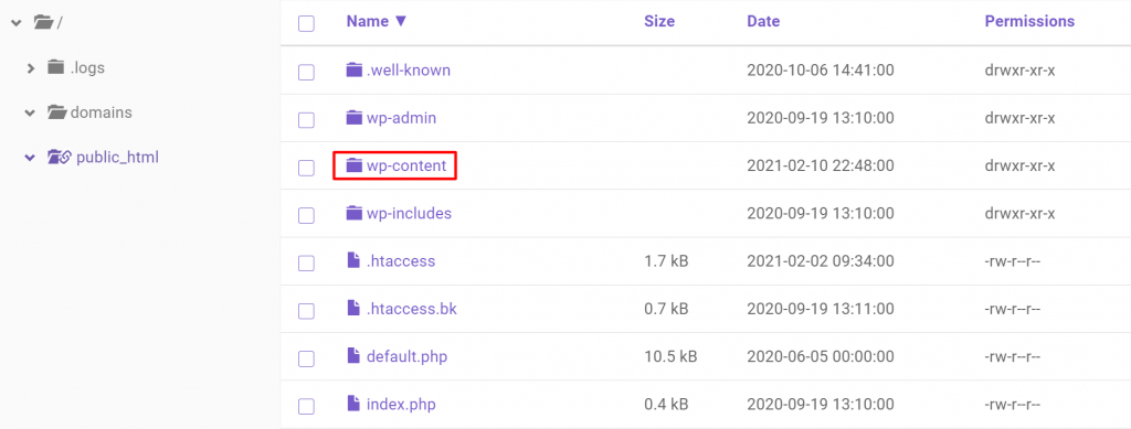 Wp-content in hPanel's public_html folder