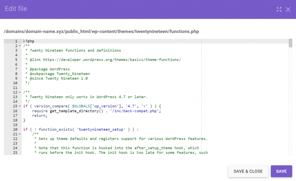 Twenty nineteen theme functions and definitions in the code editor