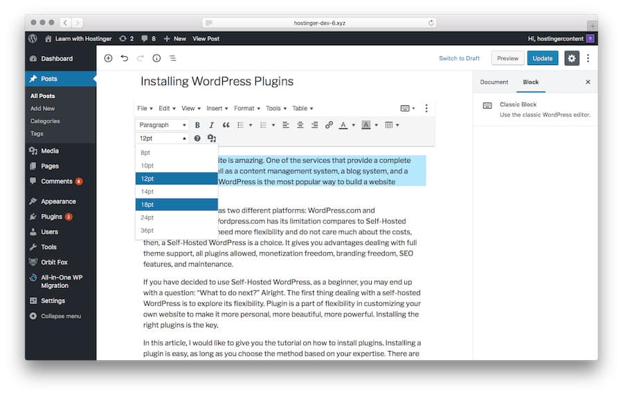 Highlighting the Text Before Changing the Font Sizes
