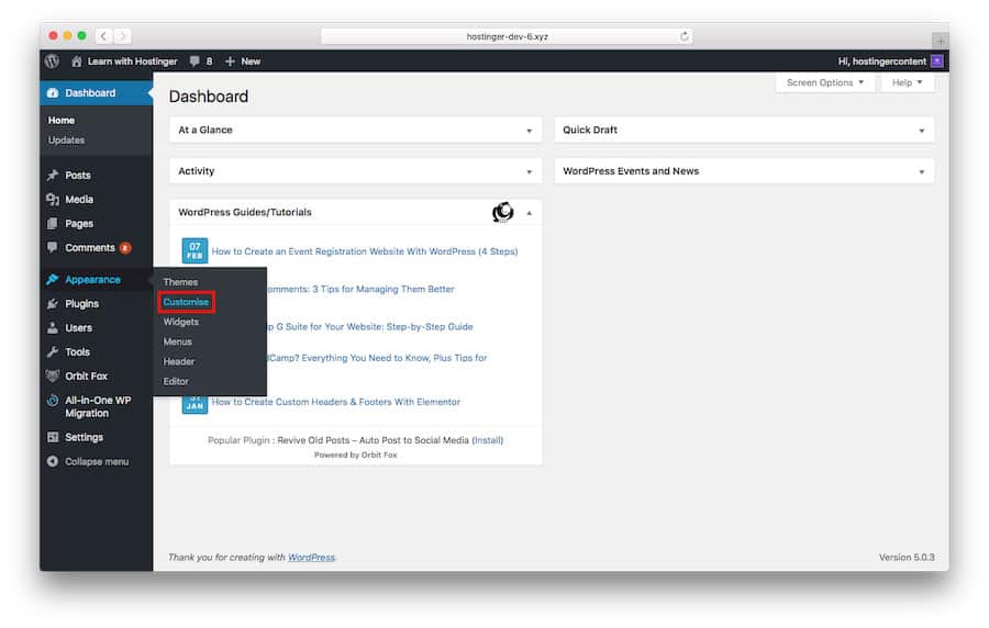Choosing the Customise Menu in WordPress