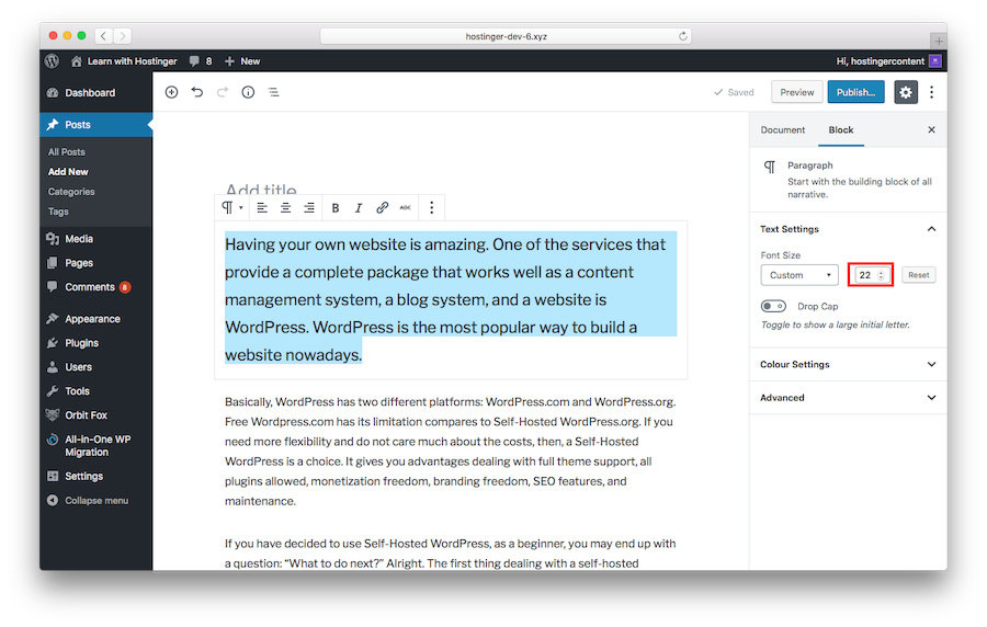 How to Change Font Size in WordPress Using Manual Input