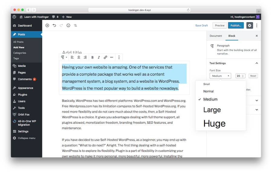 How to Change Font Size in WordPress Using Default Options