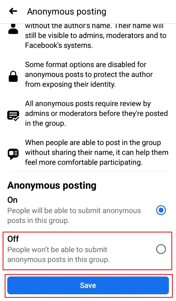 Select the Off radio button from the bottom of the screen and tap on Save | How to Post Anonymously on Facebook Group on iPhone