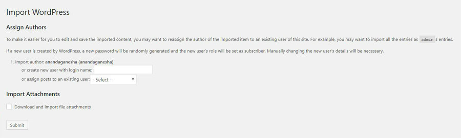 WordPress import page showing a section where you assign authors.