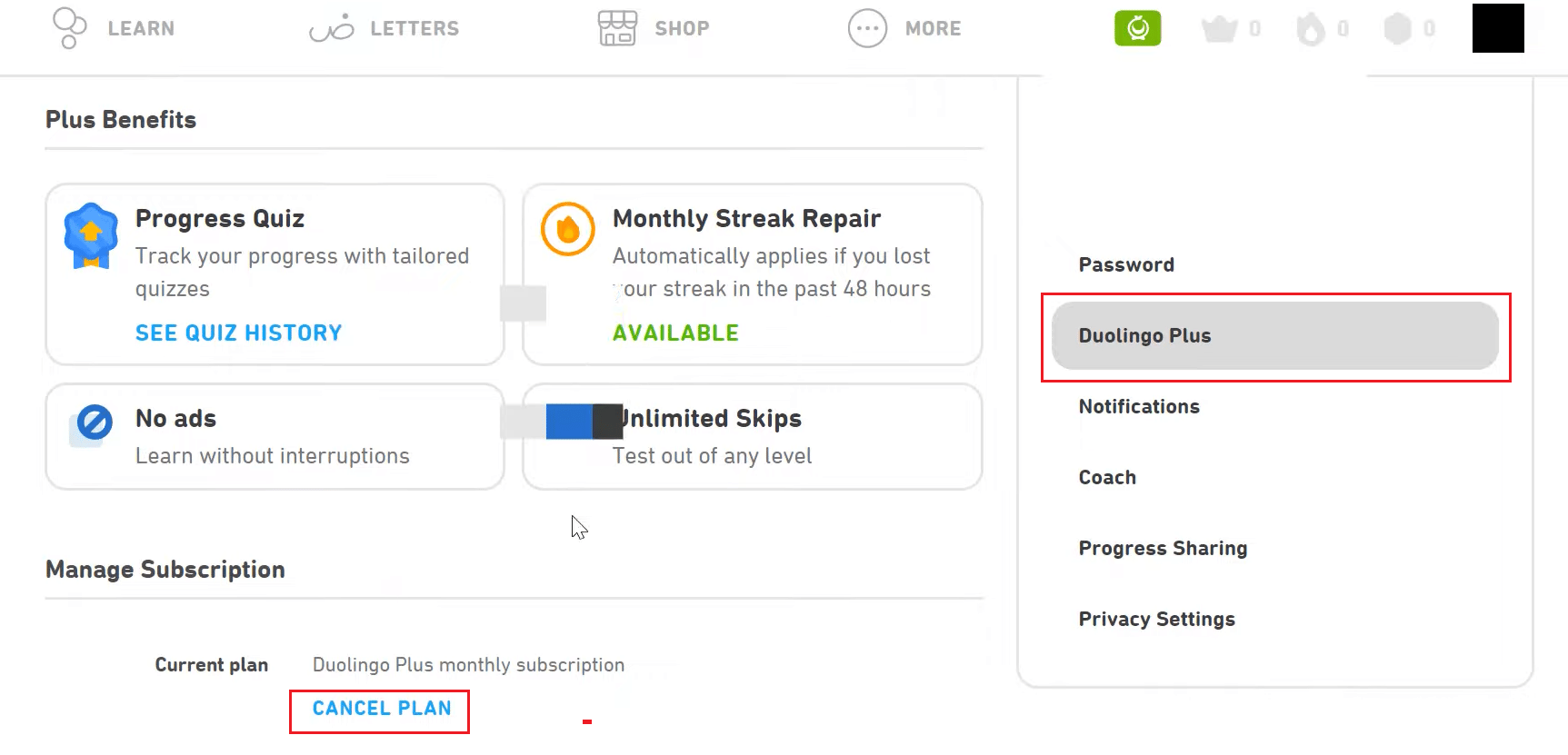 Duolingo Plus - CANCEL PLAN