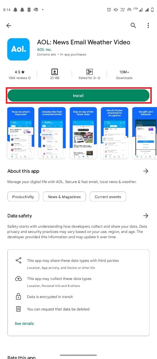 tap on Install. How to Fix AOL Mail Not Working on Android and iOS
